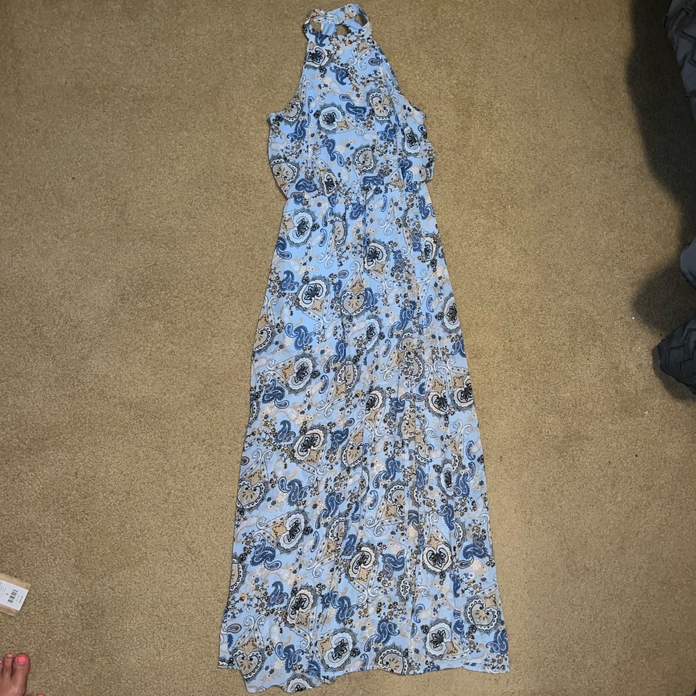 Altar’d state: halter neck, blue, paisley design, maxi dress